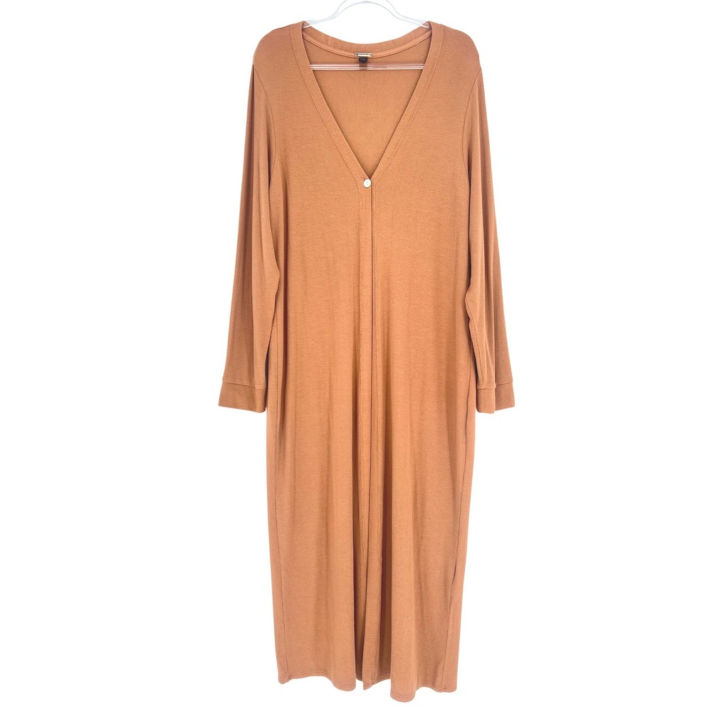 Magaschoni Cardigan Women LG Brown Ribbed Knit Longline V-Neck Duster Teracotta